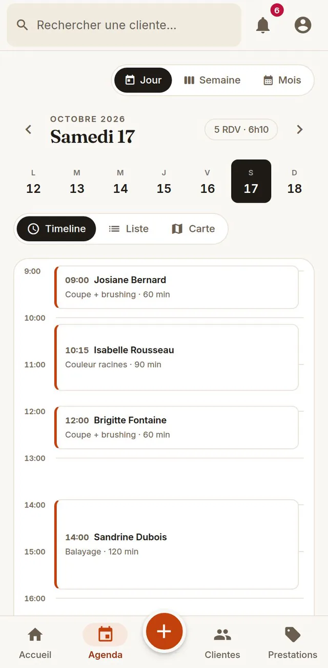 Film de l'appli : l'agenda du samedi 17, cinq rendez-vous ; un toucher sur Liste, puis sur Carte : les clientes numérotées de 1 à 5, reliées dans l'ordre de la tournée autour de Jarnac et Segonzac.
